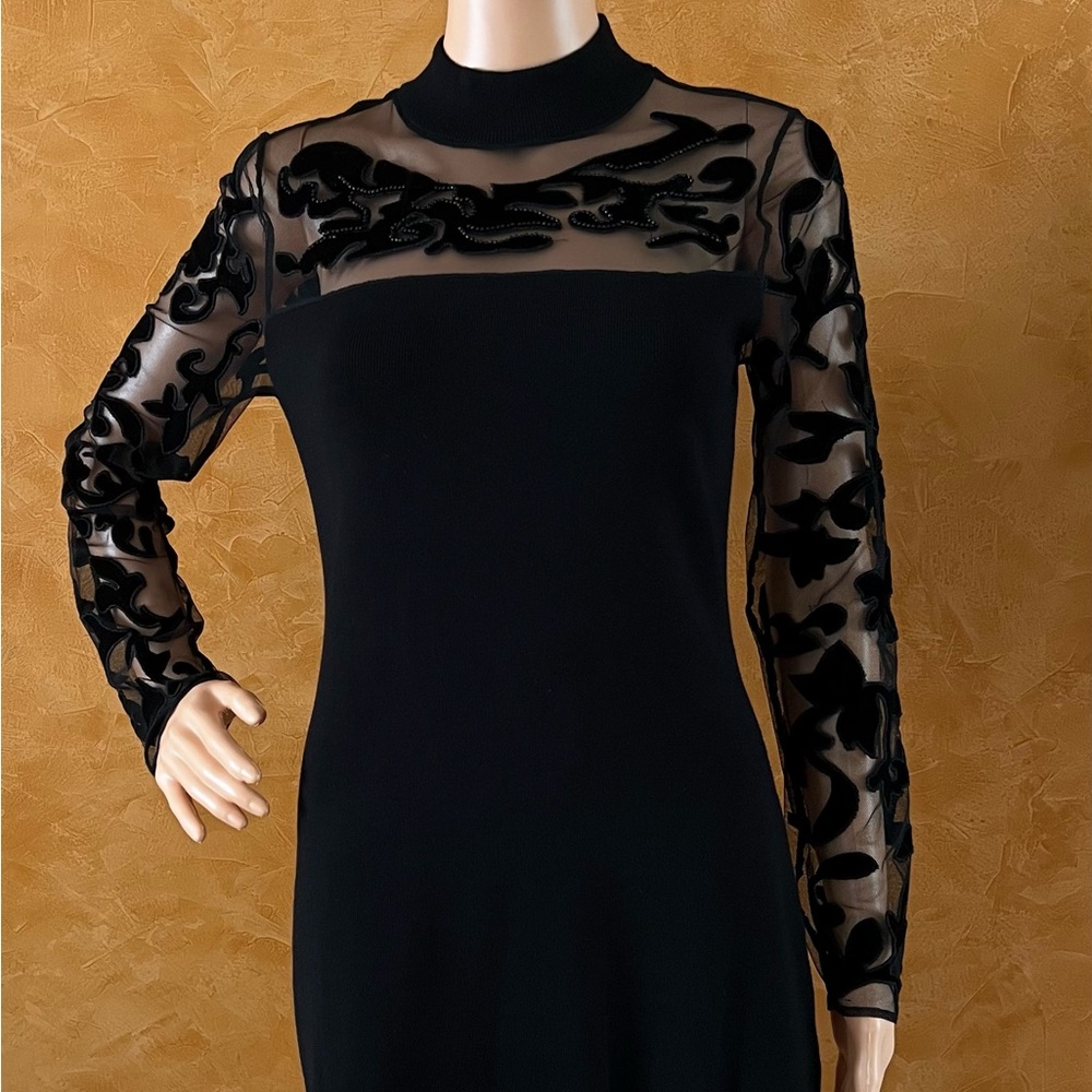 INC International Concepts Black Dress with Sheer Floral Sleeves